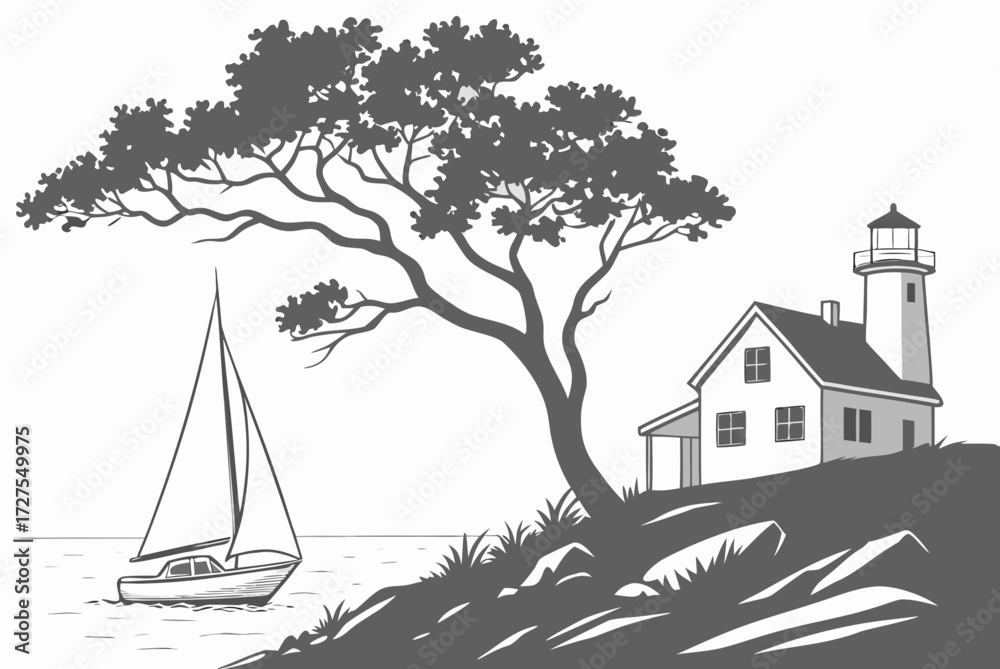 Fototapeta premium Flying Seagull and Perched Shore Bird Vector Set - Coastal Wildlife Clipart