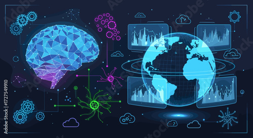 Digital illustration of brain globe and data visualizations