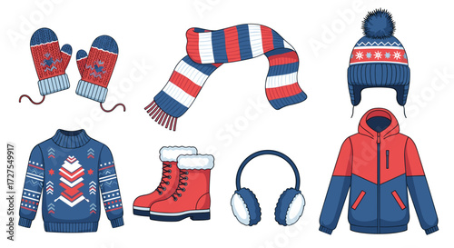 Illustration of winter clothing items on a white background