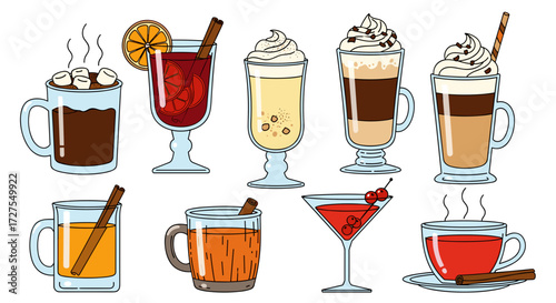 Illustration of various hot drinks and cocktails in glasses