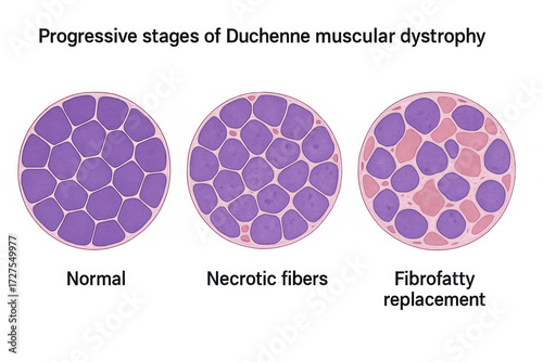Visual representation of progressive stages of Duchenne muscular dystrophy, showing normal muscle fibers, necrotic fibers, and fibrofatty replacement.