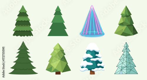 Collection of eight stylized christmas trees on a light background
