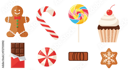 Illustration of various sweets and treats on a white background