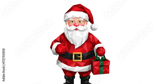 Low poly santa claus holding a wrapped christmas present box