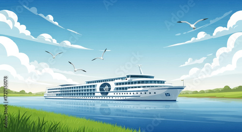 A majestic white river cruise ship sails serenely on a calm blue river under a bright sky with fluffy clouds and seagulls soaring above, with lush green banks on either side