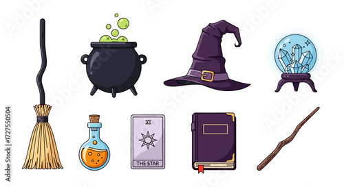 Illustration of various witch related objects on white background