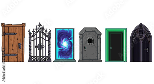 Collection of six stylized fantasy doors and gates designs