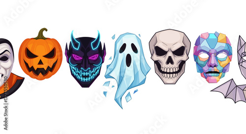 Collection of halloween themed masks and spooky decorations