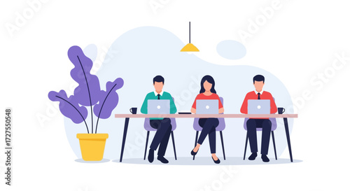 A diverse team of three professionals collaborates on laptops at a modern office desk, with a vibrant potted plant adding a touch of nature to the workspace