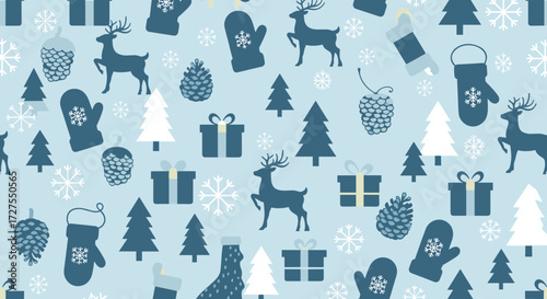 Seamless pattern with winter elements on a light blue ground