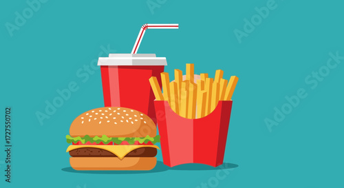 A classic fast food combo featuring a juicy burger, crispy french fries in a red carton, and a refreshing red soda with a straw, all set against a teal background