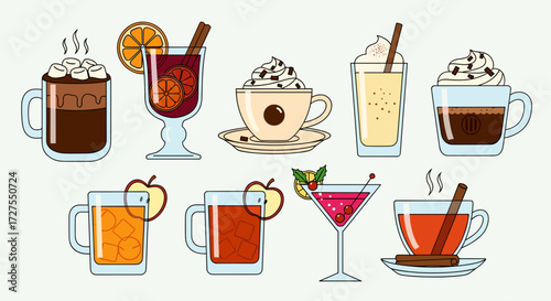 Illustration of various beverages including coffee and cocktails