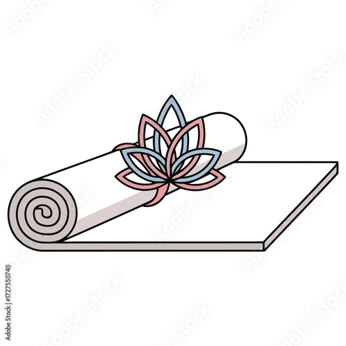 Vector illustration of a rolled yoga mat with a lotus flower, representing fitness, flexibility, and mindfulness for a healthy lifestyle, holistic wellness