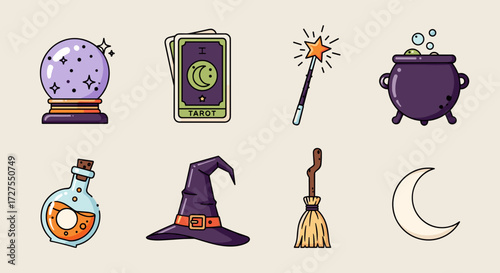 Collection of magical elements and witch related objects