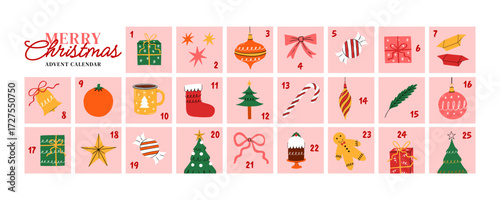 Christmas Advent calendar with decorations, symbols and numbers. Hand drawn christmas tree, stocking, decorations, gifts, gingerbread, fruitcake, cocoa, candy cane, bell. Merry Christmas