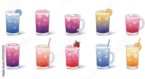 Illustration of ten colorful cocktails with ice and garnishes