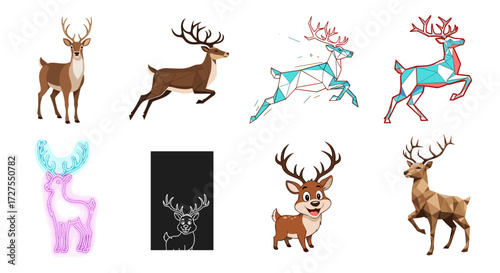 Illustrations of deer in various styles and color schemes