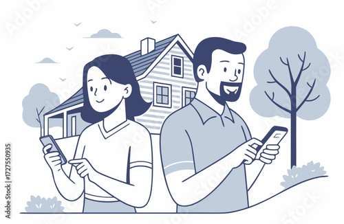 Young couple choosing a house using mobile app