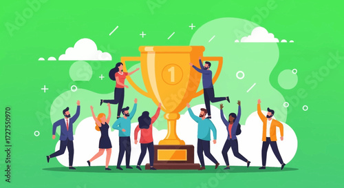 A diverse group of happy people celebrates around a large golden trophy, symbolizing teamwork and shared success in achieving a significant goal