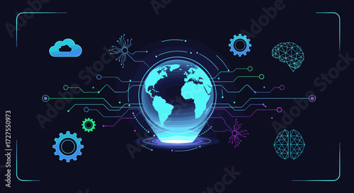 Digital world hologram with cloud and brain technology icons