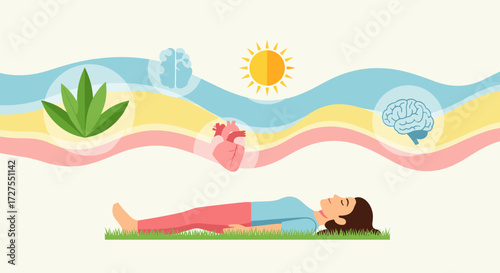 Woman lying on grass with brain heart and plant illustrations