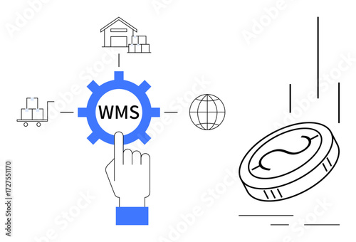 Gear with WMS, pointing hand, warehouse, global connectivity icon, delivery cart, and falling coin. Ideal for logistics, technology economy automation inventory globalization efficiency. Simple