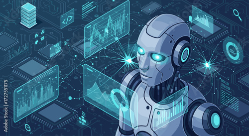 Isometric robot with glowing eyes and data screens background