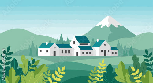 A picturesque village nestled in a lush green valley with a majestic snowcapped mountain in the background, surrounded by rolling hills and vibrant foliage