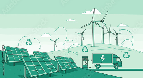 Renewable energy landscape with solar panels and wind turbines