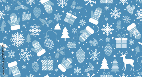 Winter themed pattern with snowflakes, gifts and christmas trees