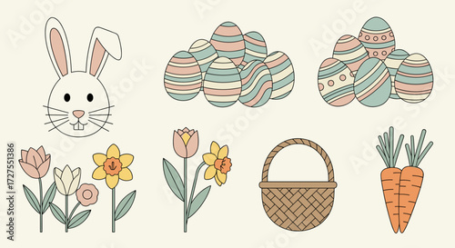 Illustration of easter theme with bunny eggs flowers and basket