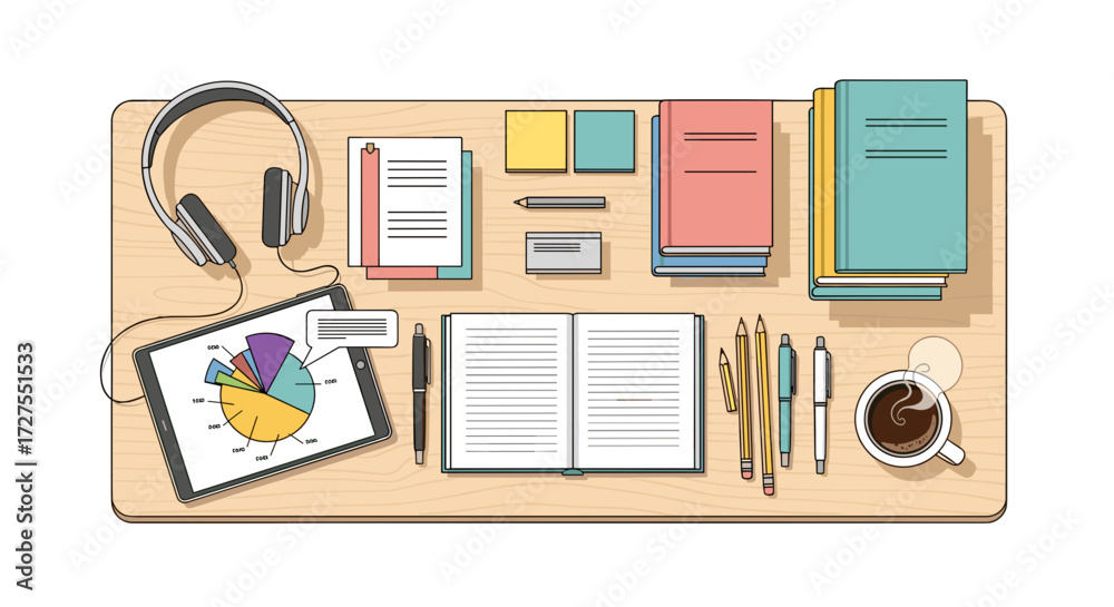 Fototapeta premium Overhead view of a desk with books tablet and other objects