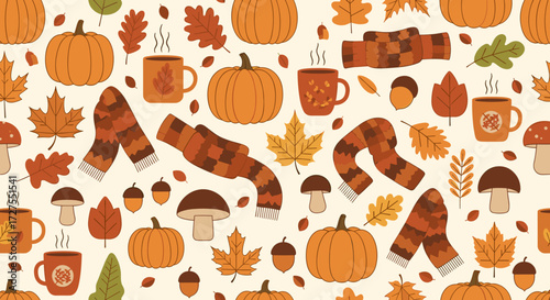 Autumn themed pattern with pumpkins leaves and cozy elements