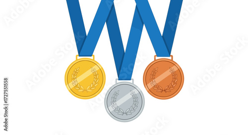 Gold, silver, and bronze medals hang from blue ribbons, symbolizing victory and achievement in a competition