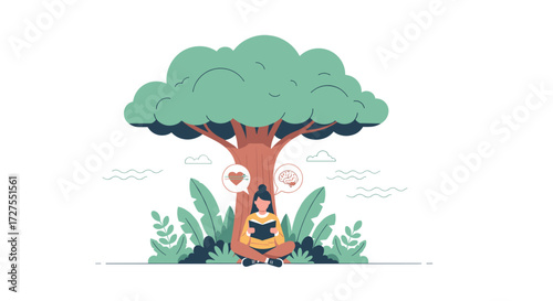 Woman reading under a tree with heart and brain thought bubble
