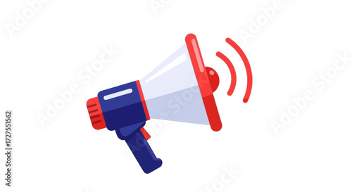 A blue and red megaphone with sound waves emanating from it, isolated on a white background