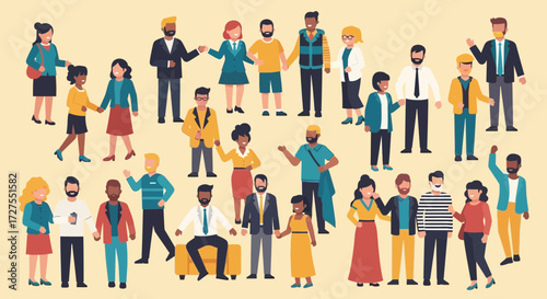A diverse group of cartoon people in various casual and professional attire, standing and interacting against a plain background