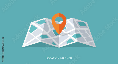 An orange location marker pin is placed on a folded abstract map with a teal background