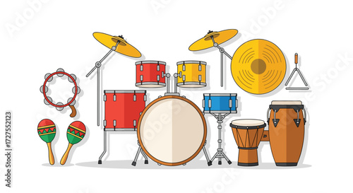 Colorful Cartoon Musical Instruments Illustration: Drum Set, Congas, Maracas, Tambourine, and Cymbals for Educational or Decorative Use, perfect for kids
