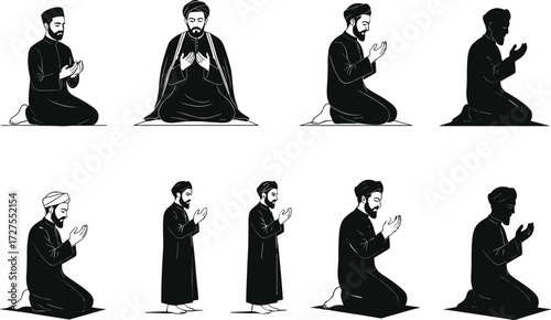 PrintIslamic prayer illustration, Muslim men worship, Salah postures, traditional attire, religious devotion, cultural heritage, black and white drawing, spiritual practice, education