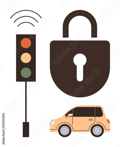 Padlock representing security, traffic signal with active wireless signal, and car suggesting traffic safety, smart technology, and protection. Ideal for automotive safety, internet of things