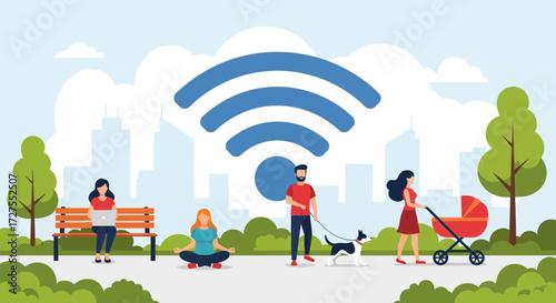 People enjoying various outdoor activities in a park with a large wifi symbol overhead, representing connectivity in modern urban life