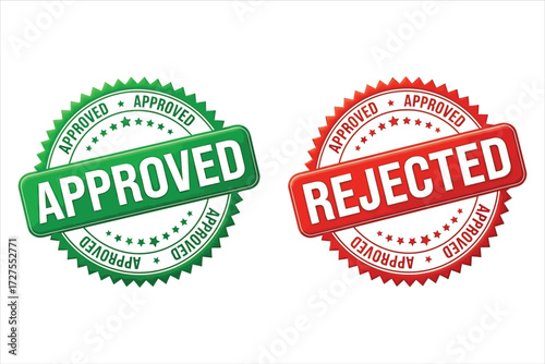 Vector art of a green approved stamp and a red rejected stamp, symbolizing contrasting decisions and outcomes with clear, bold text and distinct circular designs