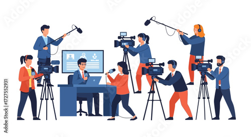 A diverse team of news professionals, including reporters, camera operators, and sound technicians, are actively engaged in a live broadcast production