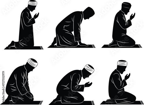PrintIslamic prayer positions, Muslim man silhouette, Salah postures, Quran worship, religious devotion, faith practice, spiritual meditation, holy ritual, cultural tradition, worship illustration