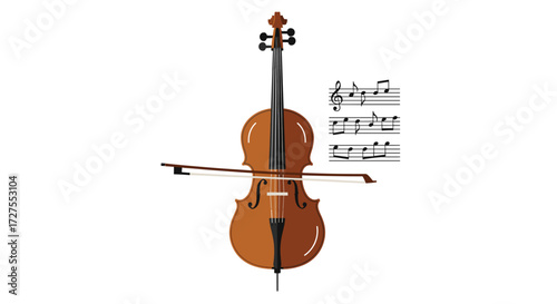 Elegant Cello Illustration with Bow and Musical Notes: String Instrument, Classical Music, Orchestral, Performance, Education, Vector Art, Isolated on White Background.