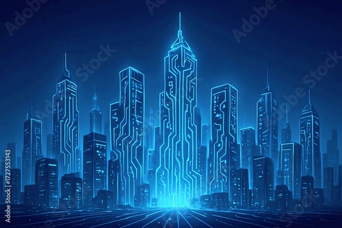 Neon City Skyline with AI Circuit Patterns