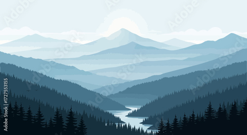 A serene mountain landscape unfolds with layers of bluehued peaks and valleys, a winding river flowing through a dense pine forest under a hazy sky with a subtle sun