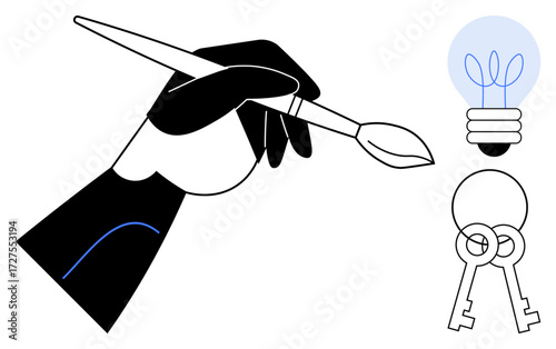 Hand holding brush, glowing lightbulb, and two interlocking keys. Ideal for creativity, ideas, innovation, solutions, problem-solving imagination art. A simple flat metaphor