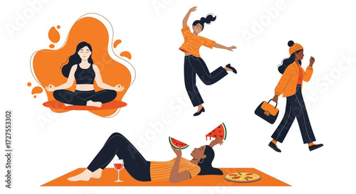 A diverse group of women enjoying various leisure activities, including yoga, dancing, walking, and picnicking with food and drinks